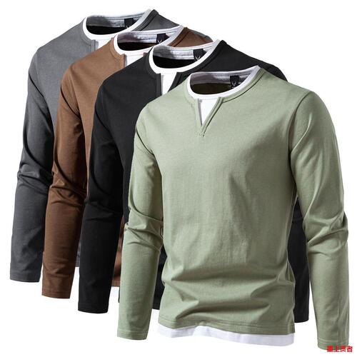 Men's T-shirt fake two-piece double-layer V-neck autumn and winter fashionable splicing large size bottomed shirt Men's long-sleeved T-shirt
