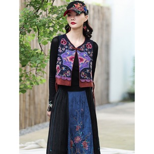 Real Shot Ethnic Style Embroidered Buckle Retro Vest Short Sleeveless Overalls Waistcoat