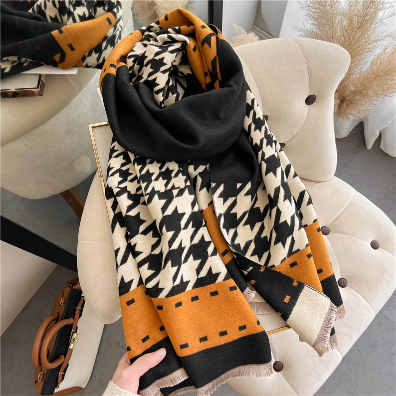 620g Weight Scarf Classification Outdoor, Daily Occasion Imitation cashmere Material Houndstooth, Color Block Pattern Winter Season Women's Gender Tassel Design Sweet, Simple Style Style Women's Sweet Simple Style Houndstooth Color Block Imitation Cashmere Tassel Scarf 5