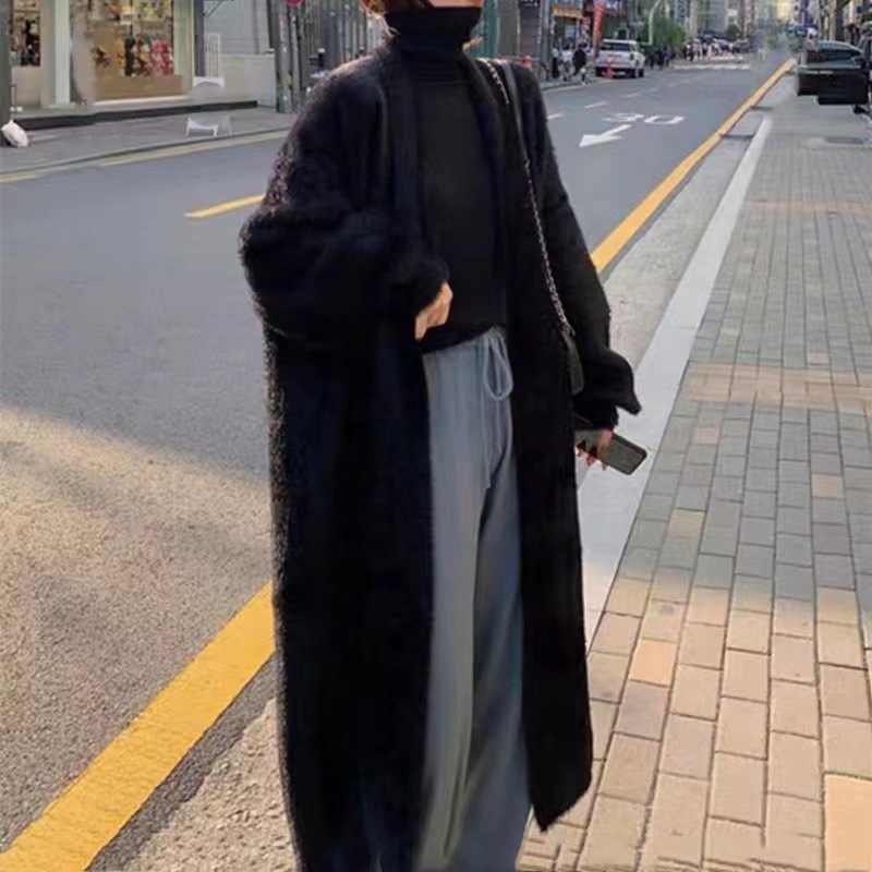 慵懒风长款过膝仿水貂绒毛衣外套女宽松秋冬复古纯色针织开衫大衣|undefined