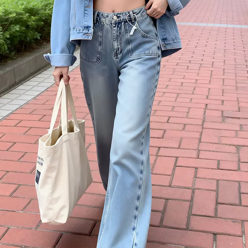 现货 可再生丹宁系列水洗口袋直筒牛仔裤女高腰显瘦微喇阔腿长裤