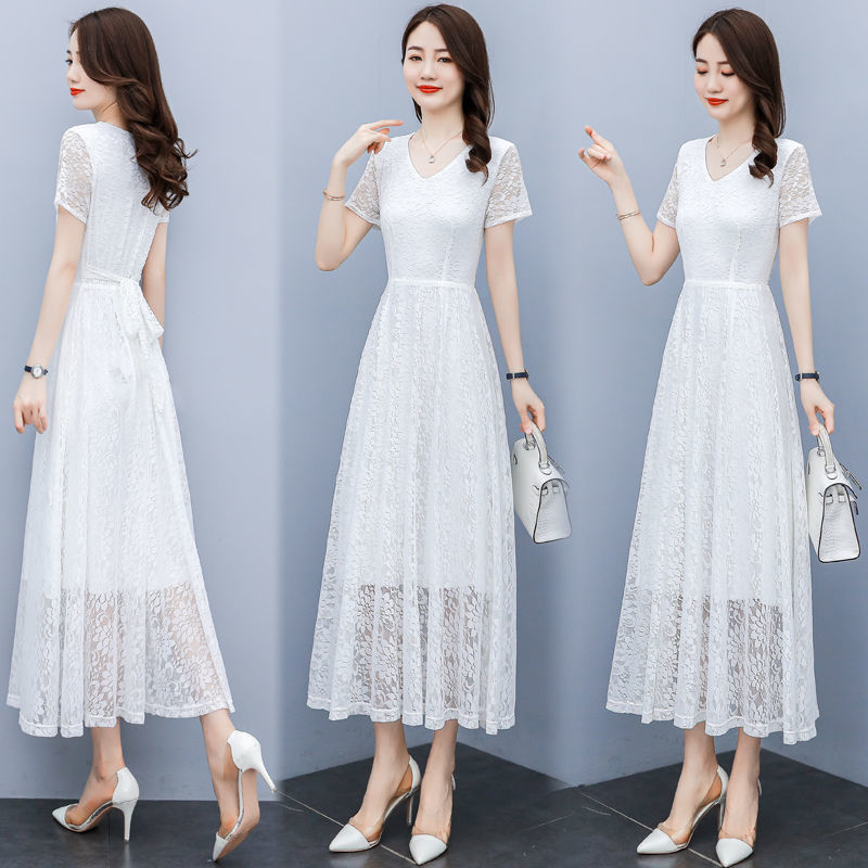 young mom Latest fashion white Lace Fairy skirt 2022 Spring and summer temperament Large Mid length version Dress Women's wear