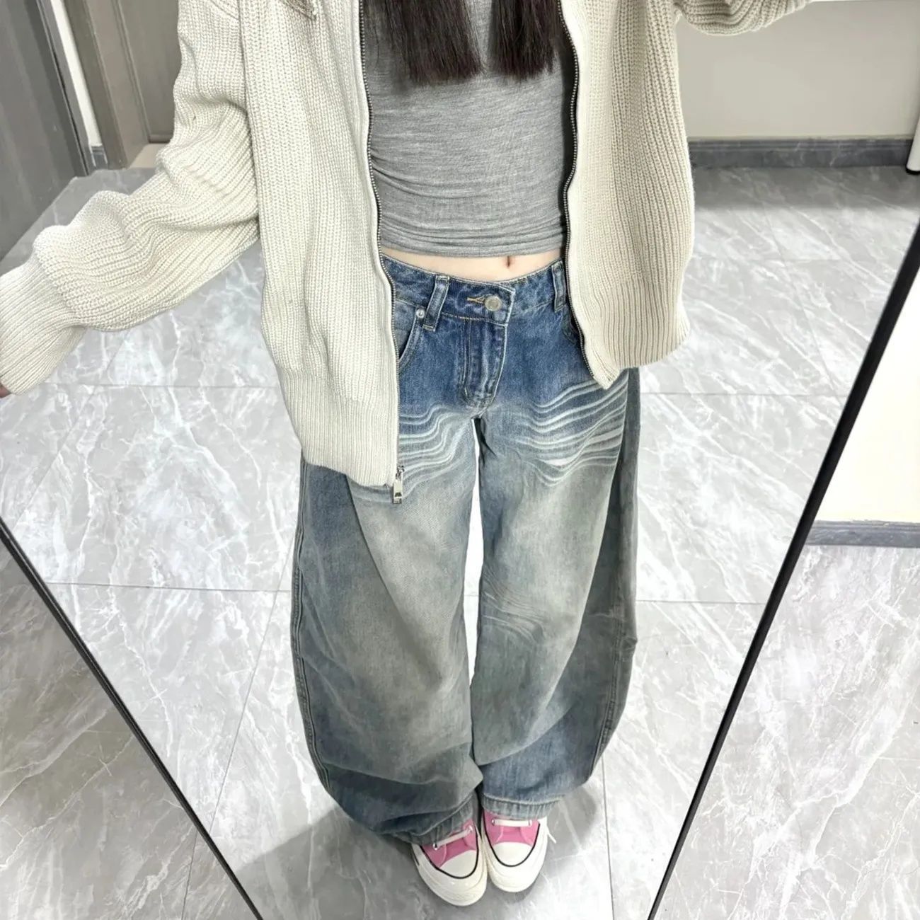 아메리칸 워싱 빈티지 엘보우 데님 신상 가을 느낌 디자인 와이드 낫 날씬해 보이는 백패딩 팬츠
