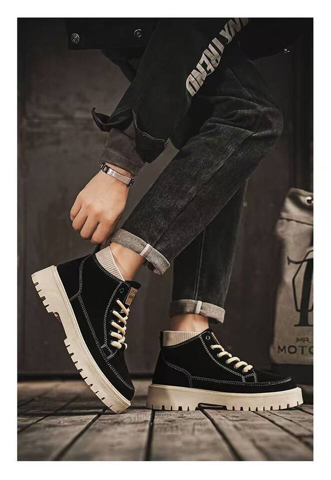 Giày bốt Martin nam cổ cao phong cách Anh, da retro, đế cao 3 cm, phối màu trơn — A6603 lạc đà, A6603 màu đen chi tiết 12