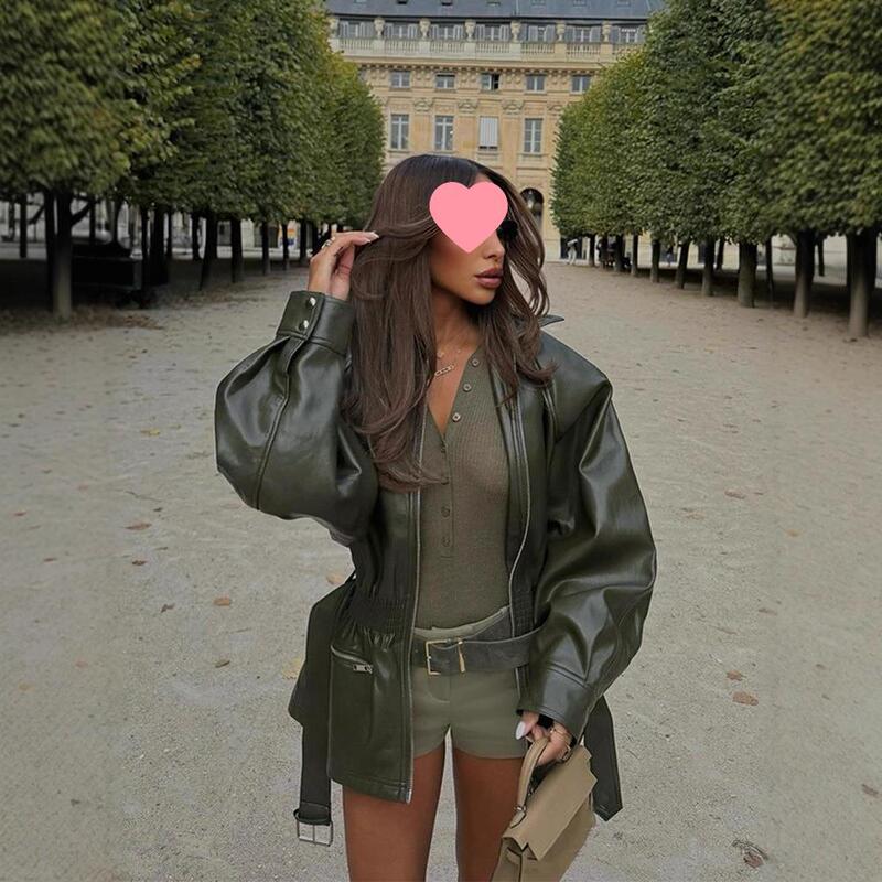 Women's Lapel Jacket with Belt, Autumn and Winter Fashion, European and American Style, Waist-Cinching Leather Motorcycle Jacket