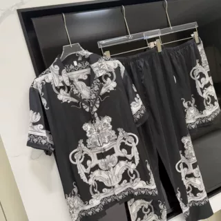 欧美外贸男士冰丝睡衣套装短袖长裤复古宫廷印花家居服高级感夏季