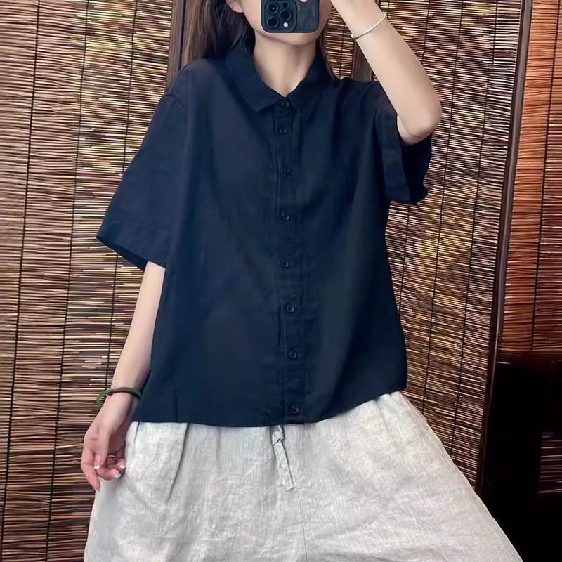 Lazy Style Simple Cotton and Linen Short-Sleeved Shirt for Women, Loose Single-Breasted, Elegant and Slimming, New Spring and Summer Cardigan