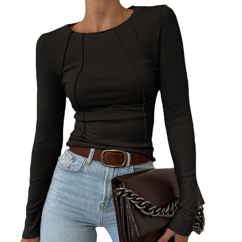 Solid Color Split Chest Long Sleeve Round Neck T-Shirt for Spring and Autumn, European and American Style Women's Top