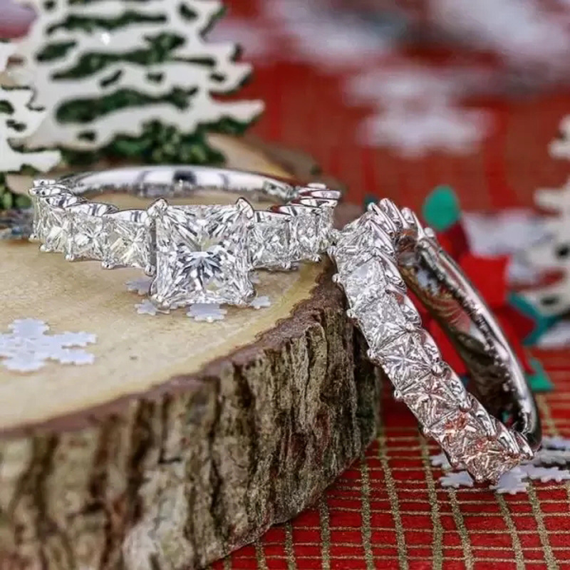 Glam Geometric Copper Inlay Zircon Rings 2 Pieces