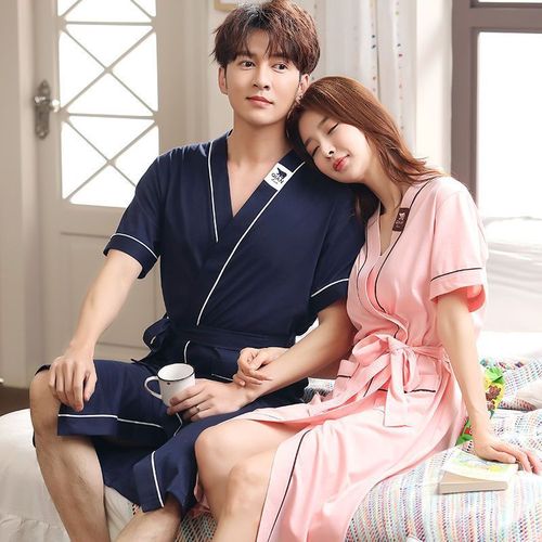 Ladies' Summer Long Bath Robe Kimono-style One-piece Medium-length Bath Robe Pure Cotton Thin Couple's Sleepwear