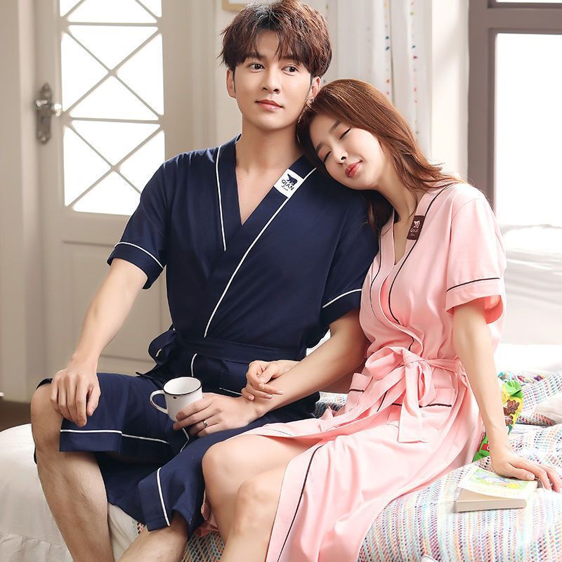 Women's Summer Long Bathrobe Kimono-Style One-Piece Mid-Length Bathrobe Pure Cotton Thin Couple's Pajamas Thin Style