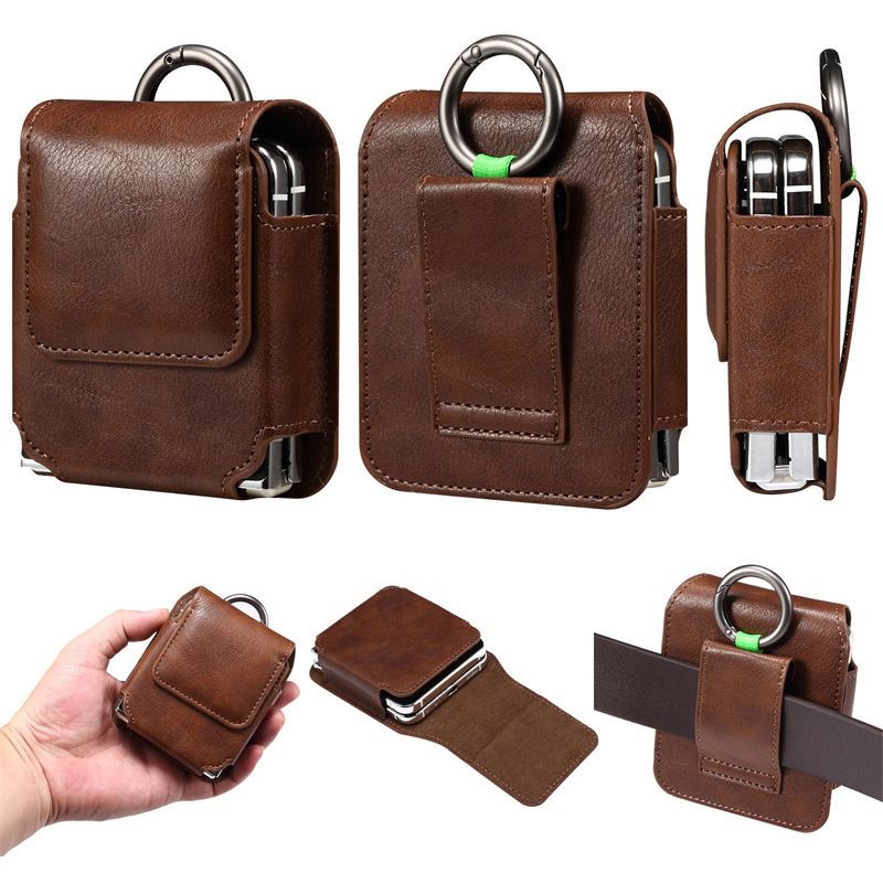 Suitable for Samsung Z Flip6 5 Oil Wax Leather Universal Waist Bag Foldableing Screen Mobile Phone Case Razr 50Ultra Hanging Bag