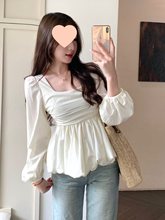 大码胖mm韩版方领娃娃衫女春季修身遮肚子显瘦感长袖衬衫上衣