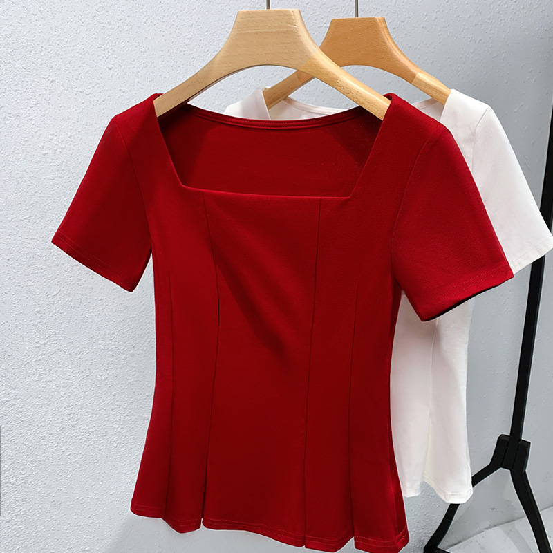 Camiseta de mangas cortas para mujeres 2024 verano nuevo estilo de mujer retro cuello cuadrado camisa de algodón de color sólido sombrilla giratoria cintura superior francesa image 1