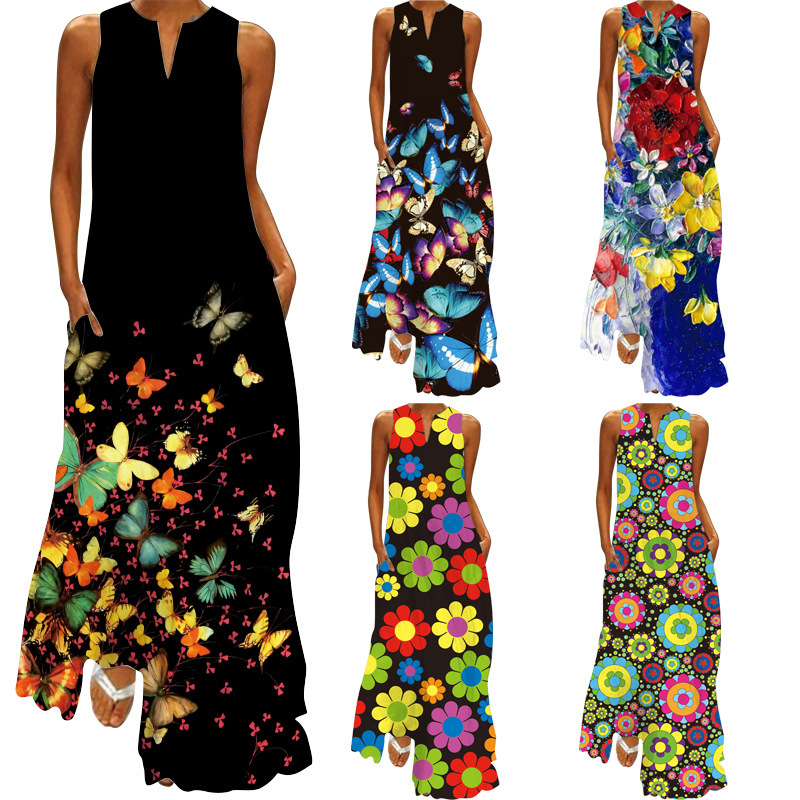 2026 Summer European and American Cross-Border Supply New Sexy Women's Printed V-Neck Pocketed Long Dress with a Large Hem