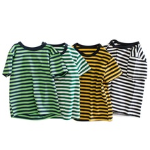 27kids童装夏季儿童短袖T恤 简约条纹男宝宝衣服圆领上衣一件代发