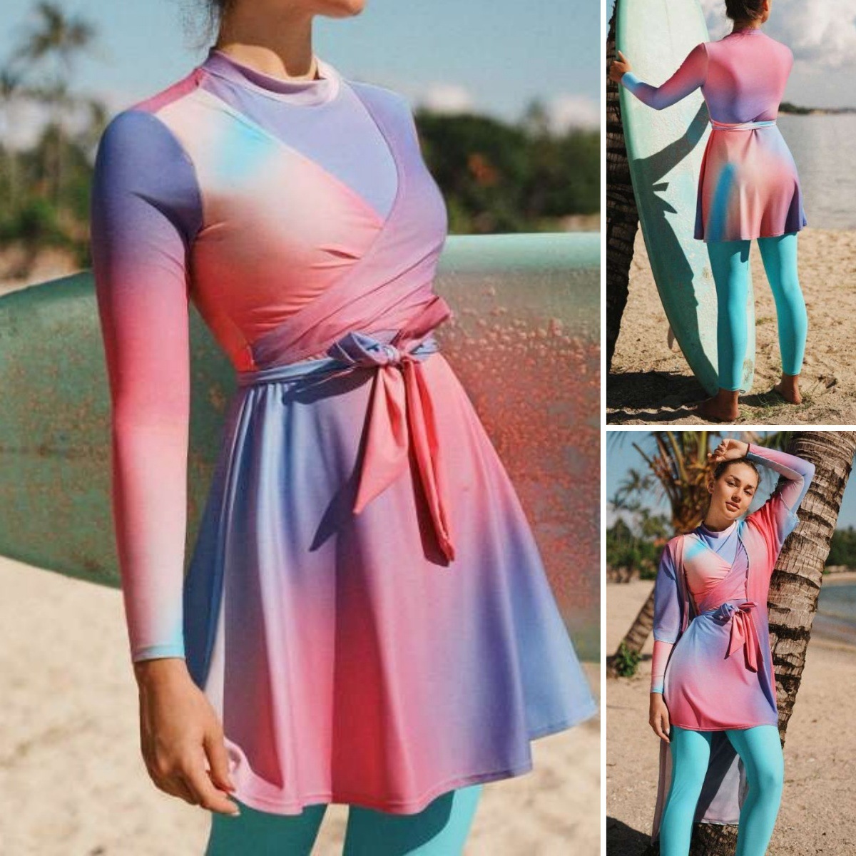 European and American Style Women's Two-Piece Sun-Protective Long-Sleeve Dress-Style Cover-Up Quick-Dry Conservative Surfing Suit Beach Vacation Swimwear Set