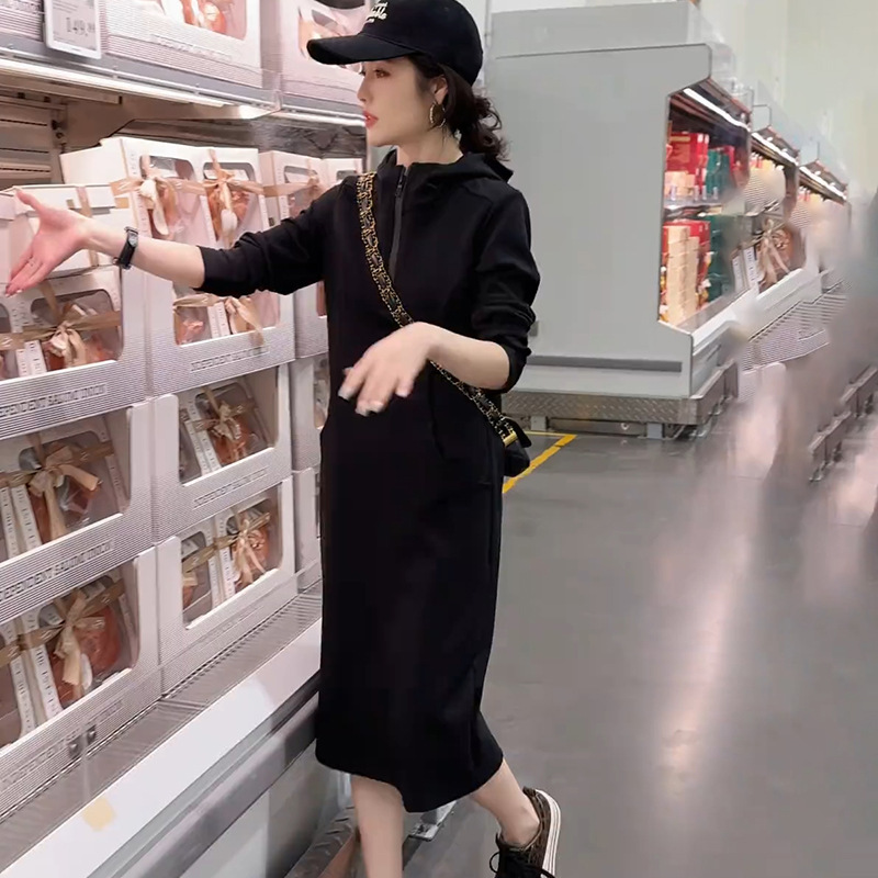 Casual All-match Hooded dress Women's Spring and Autumn New Loose T-shirt Sweat Skirt Slimming Mid-length Straight Skirt