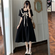娃娃领连衣裙女夏季新款时尚法式温柔学院风系带收腰黑色长裙子女