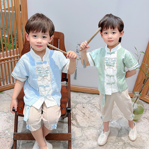 Children's Tang suit boys Chinese style new short-sleeved young master suit girls cotton and linen Hanfu 61 performance clothes wholesale