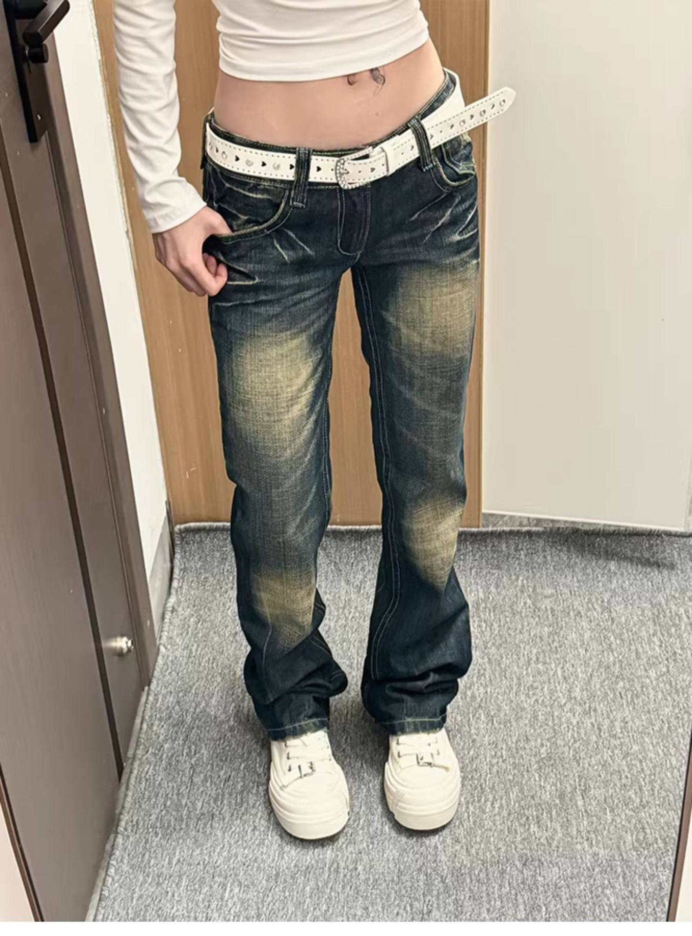 Y2k Vintage Low-Rise Distressed Jeans For Women - Baggy Straight Leg Denim Pants With Heavy Embroidery, Grunge Aesthetic_ecoleips.com
