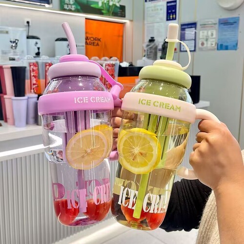 Portable summer high-value giant straw cup plastic belly cup large capacity flower tea cup with handle large kettle