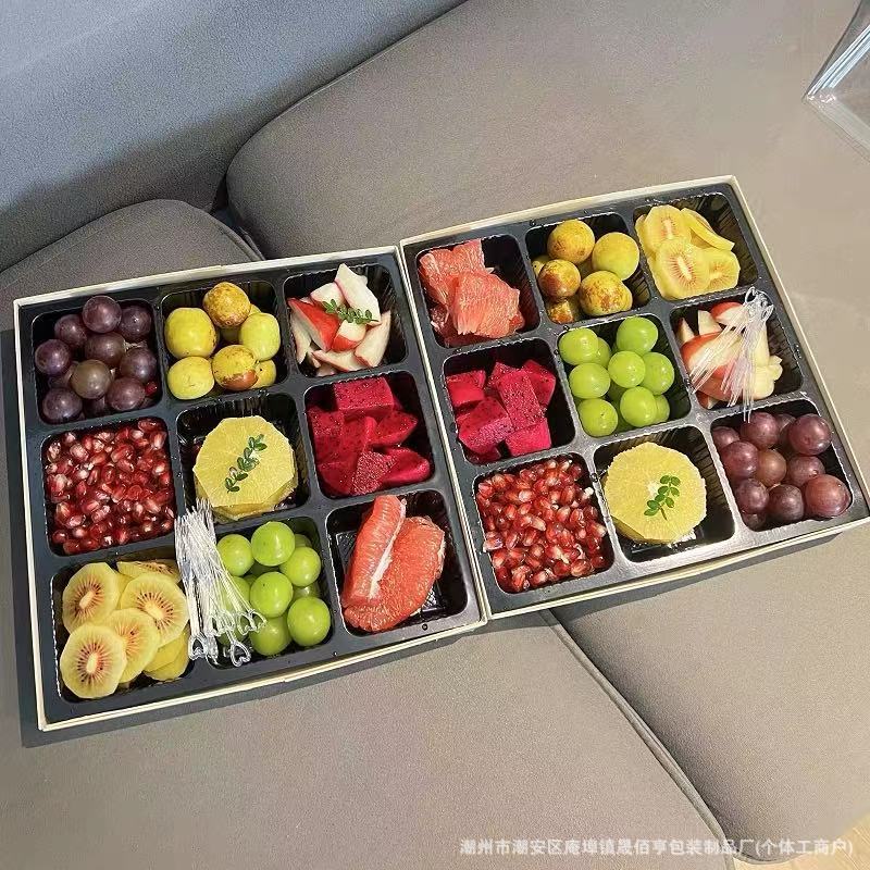 インターネット有名人 Jiugongge フルーツカット包装箱紙プラスチック大きな正方形の果物と野菜の生の果物 4 分割包装箱商業用|undefined