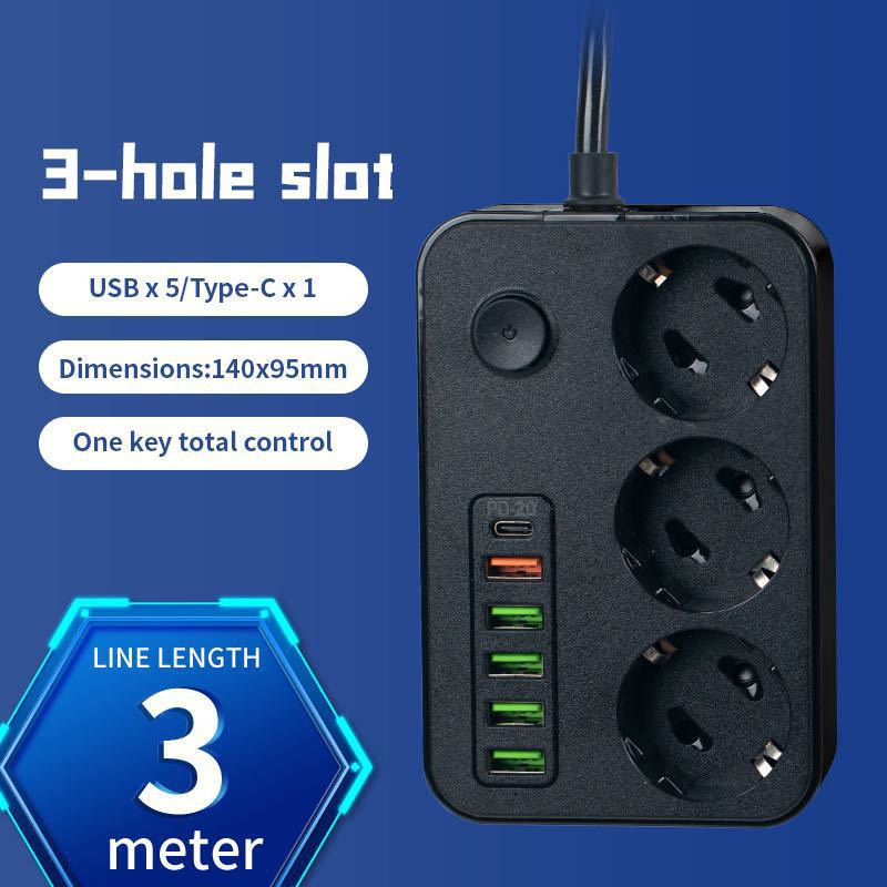 Enchufe estándar europeo agujero redondo de 3 bits + 5 * USB/1type-C 3 M