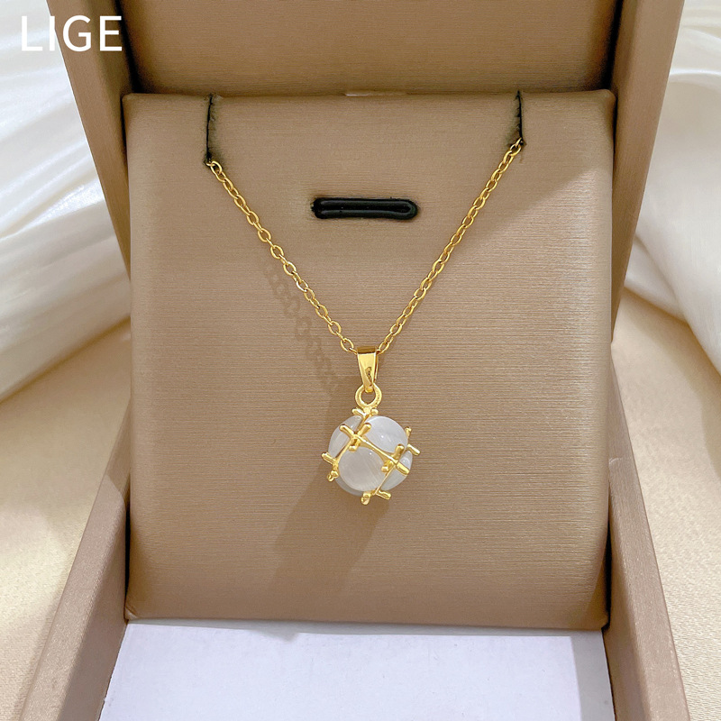 Collier élégant avec pierre œil de chat en acier titane_voghion.com