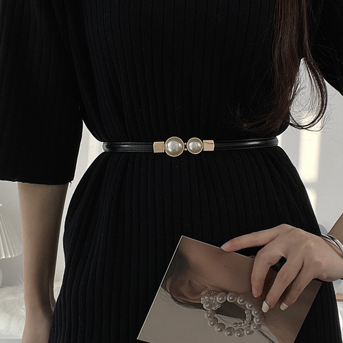 Matte black belt for women thin summer decoration with skirt versatile pearl buckle women's sweater small belt
