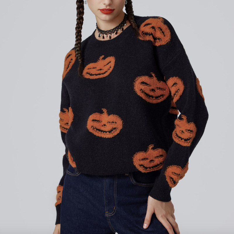 2024 Amazon Colored Pumpkin Jacquard Knitted Crewneck Turtleneck Halloween Sweater European and American Independent Station
