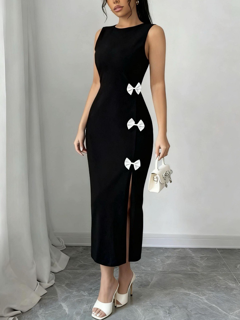 Elegant Knit Maxi Dress With High Slit – Stretchy Bodycon Long Dress For Women (Black, S-XL)_ecoleips.com