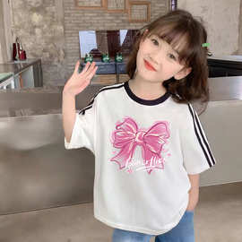 女童夏季新款纯棉童装宽松洋气中大童三条杠短袖打底半袖上衣潮流