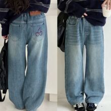 一体绒樱桃中大童牛仔直筒裤2025秋冬新款儿童洋气牛仔裤子潮