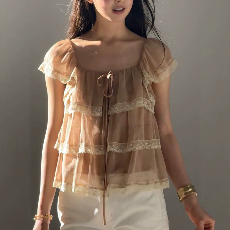 HEYGI Black Sweet Lace Chiffon Tea Dress, Fairy-like Soft Ballet Style, Small Flutter Sleeves, Lace Chiffon, Ruched Square Neck Babydoll Dress