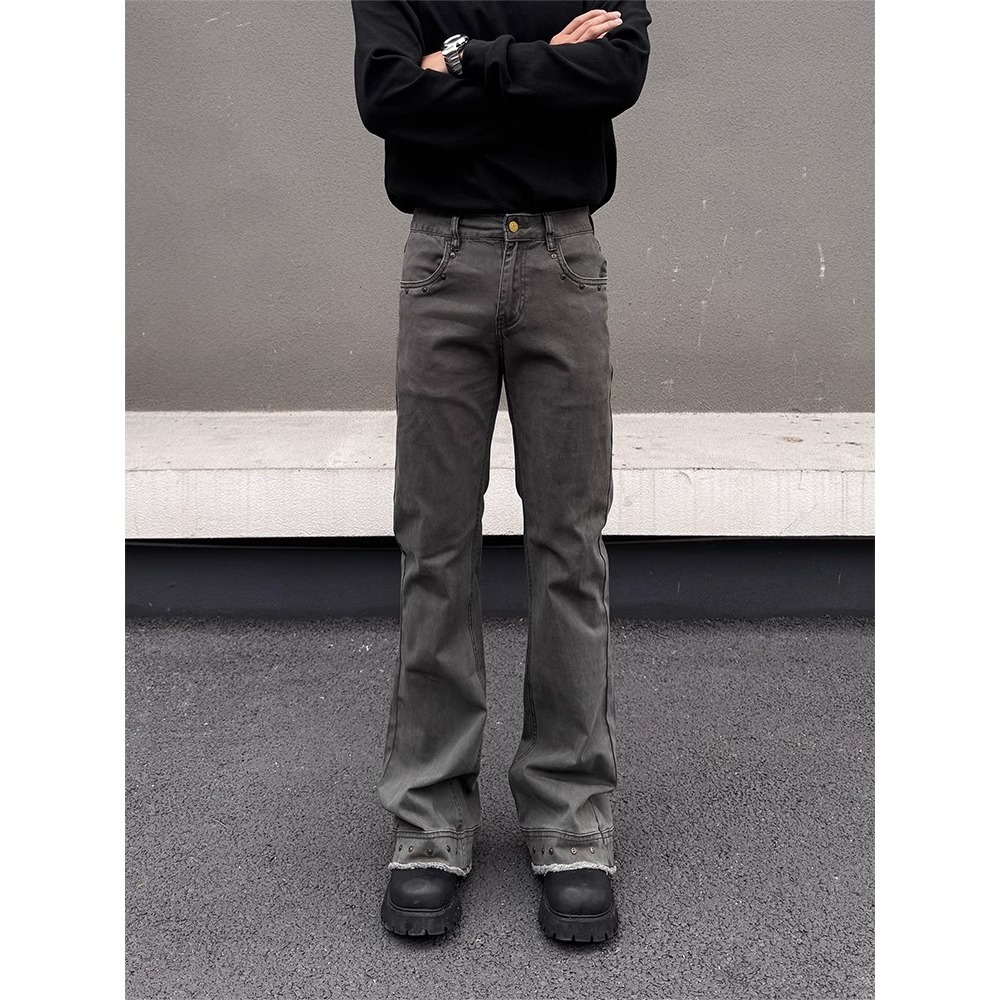 Retro Patchwork Streetwear Jeans Grey Black Men's Distressed Denim Button Fly Slight Flare_voghion.com