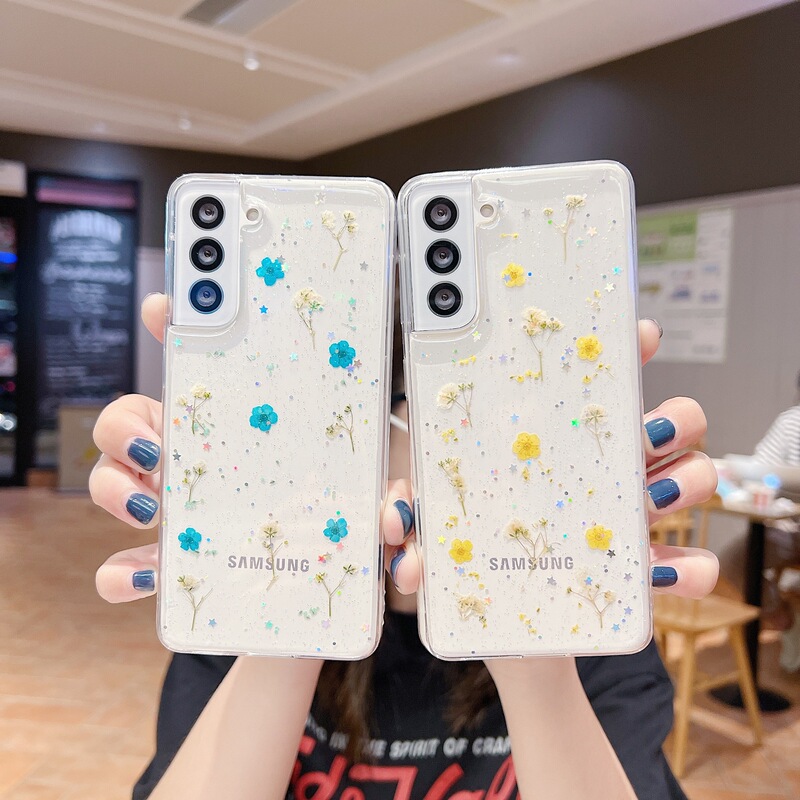 Cross-Mirror Starry Sky Suitable for Samsung S24Fe Phone Case S25U Real Dried Flowers A56A36 Glitter Glue Note20