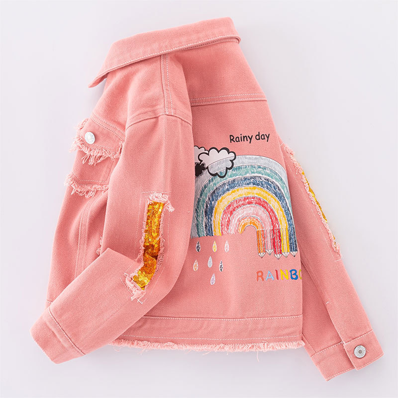 Children's clothing girls' Denim jacket fashionable frayed pink ripped denim jacket children's rainbow sequined top Children's clothing girls' Denim jacket fashionable frayed pink ripped denim jacket children's rainbow sequined top