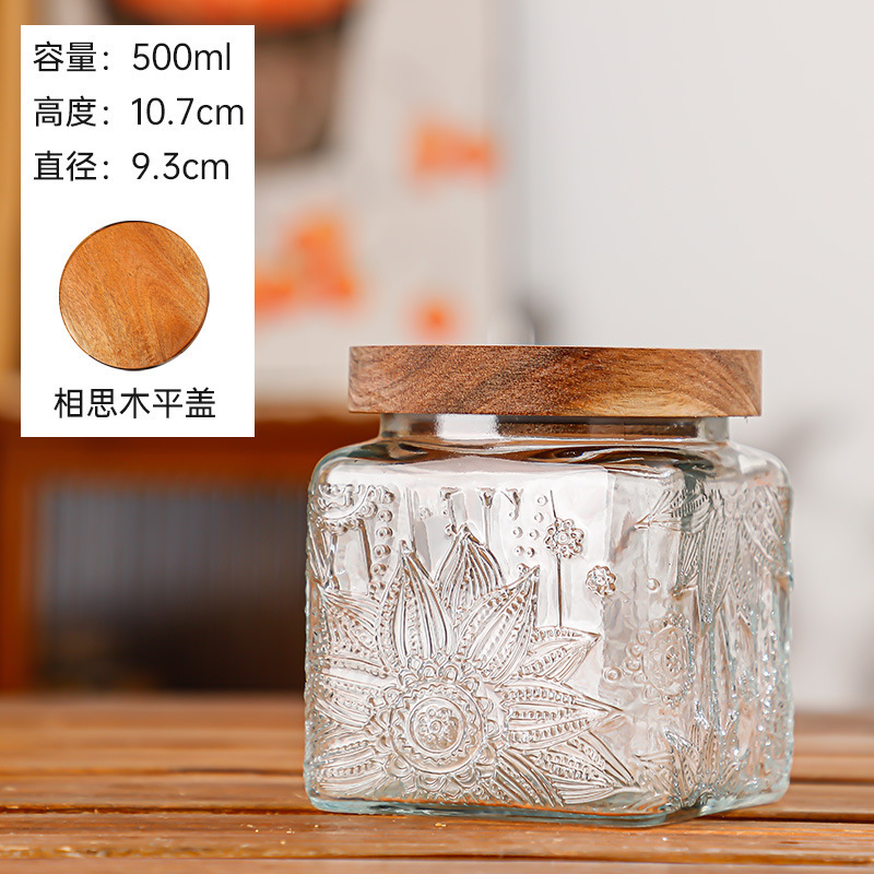 Hogar vintage Begonia flor realzada snack caramelo almacenamiento tarro bambú cubierta americana cocina transparente vidrio sellado frasco
