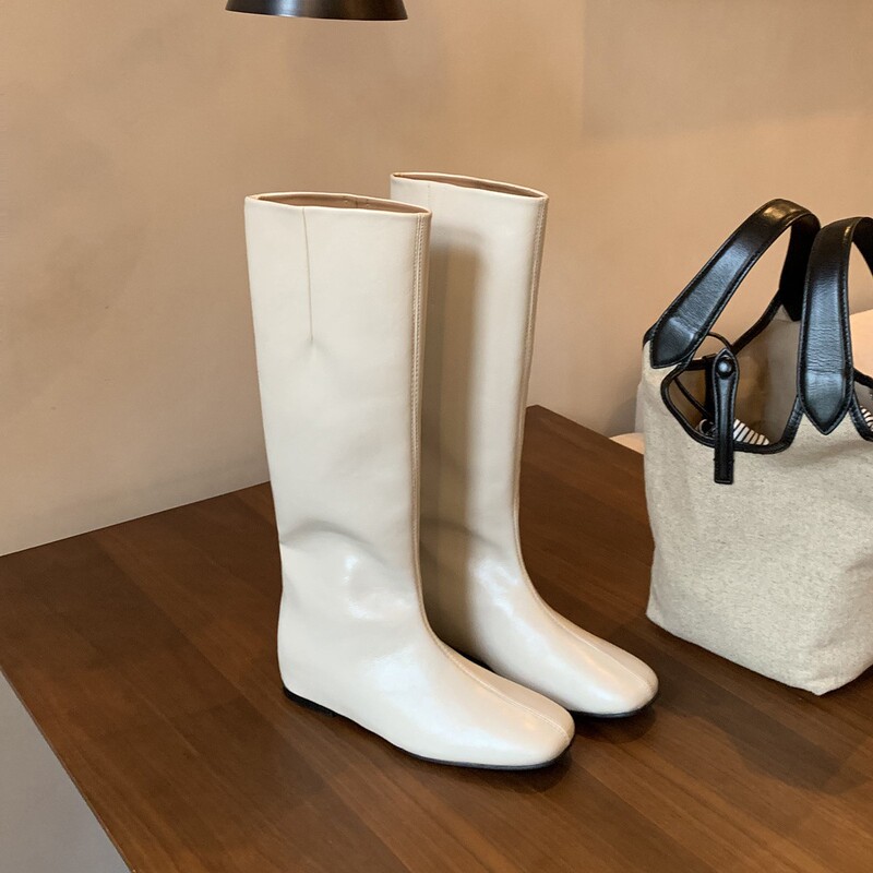 Soft Leather Version ~ Genuine Leather Thick-Soled Boots for Women in Autumn and Winter New Round-Toe Slimming Look Flats-Soled Inner Heightening Knight Boots