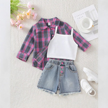 2025跨境秋季新款女童套装 格子纹长袖外套配吊带背心搭牛仔短裤