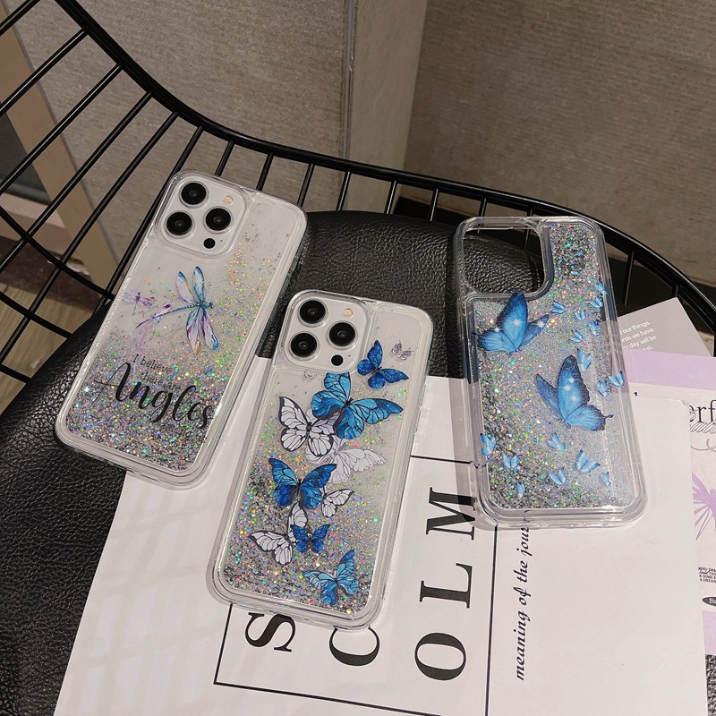 Suitable for 15ProMax phone case, Apple 14 Butterfly Dragonfly Sparkling Powder, Sand S24 Protective Case, Mate60 Trendy_voghion.com