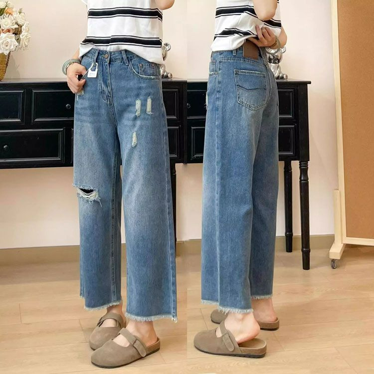 Plus Size Raw Edge Ripped Jeans for Women Summer 2025 New Straight Pants High Waist Fat mm Slimming Look Wide Leg Eight-Quarter Pants