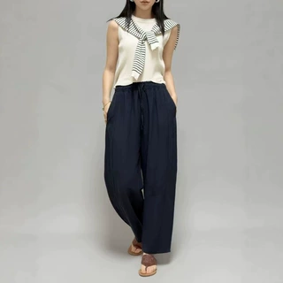 松弛感天丝麻九分直筒裤女夏高腰松紧腰透气垂感休闲裤