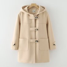 韩版新款卡通牛角扣 纯色连帽毛呢外套防风中长款大衣女