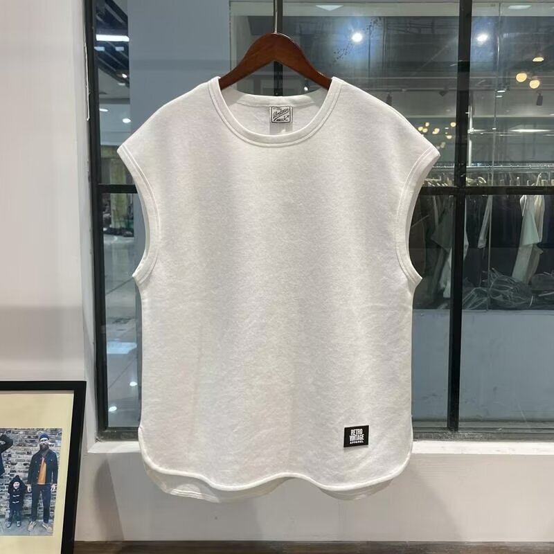 夏のイントレンドアイスシルクノースリーブベスト白底半袖レトロベストメンズルーズTシャツアウターウェア|undefined