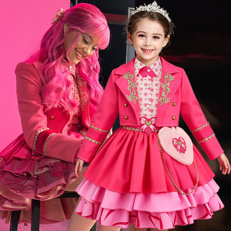 Halloween 2026 European and American Descendants Movie Style Children's Dress Pink Outfit Performance Costume with Bag