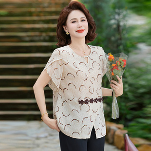 Middle-Aged and Elderly Mothers' Fashionable T-Shirts 2025 New Summer Fashion Middle-Aged Women's Loose and Stylish Tops