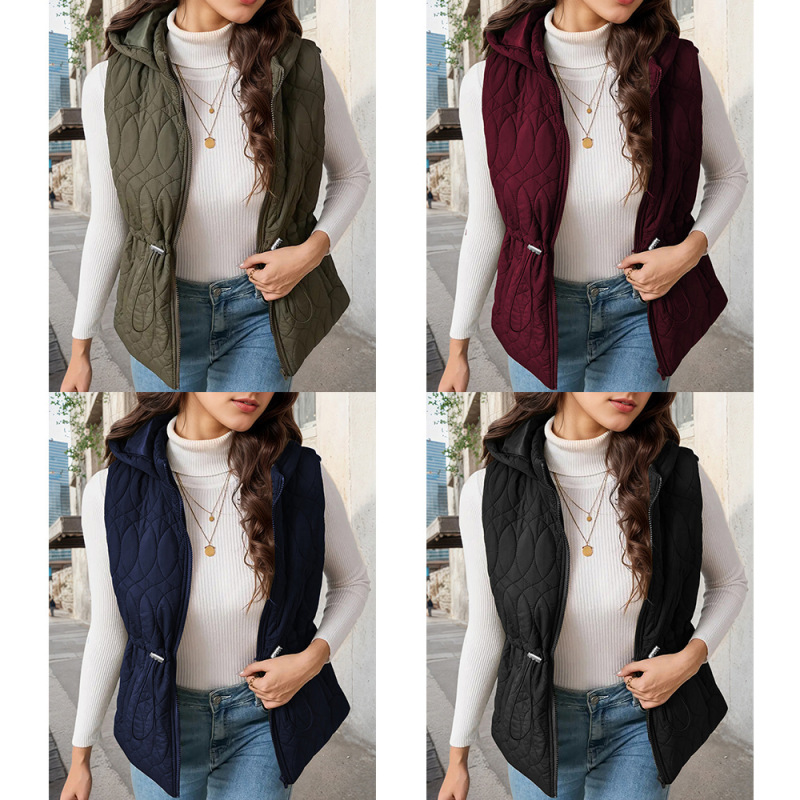 Women's Quilted Hooded Puffy Vest with Tie Waist, Sleeveless, with Pockets, Winter Coat Vest, Cross-Border In-Stock