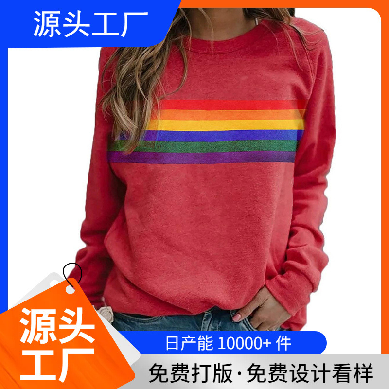 Long-Sleeved Pullover Sweatshirt Cross-Border Amazon Personalized Colorfulful Stripesd 3D Printed Round Neck Women's Thin Style Factory Direct Sale